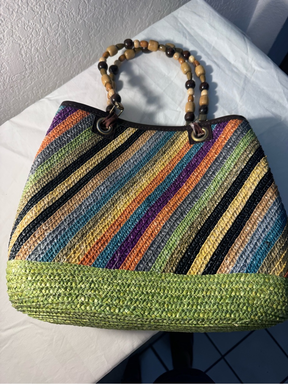 Multicolor Striped Woven Tote Bag with Beaded Handles